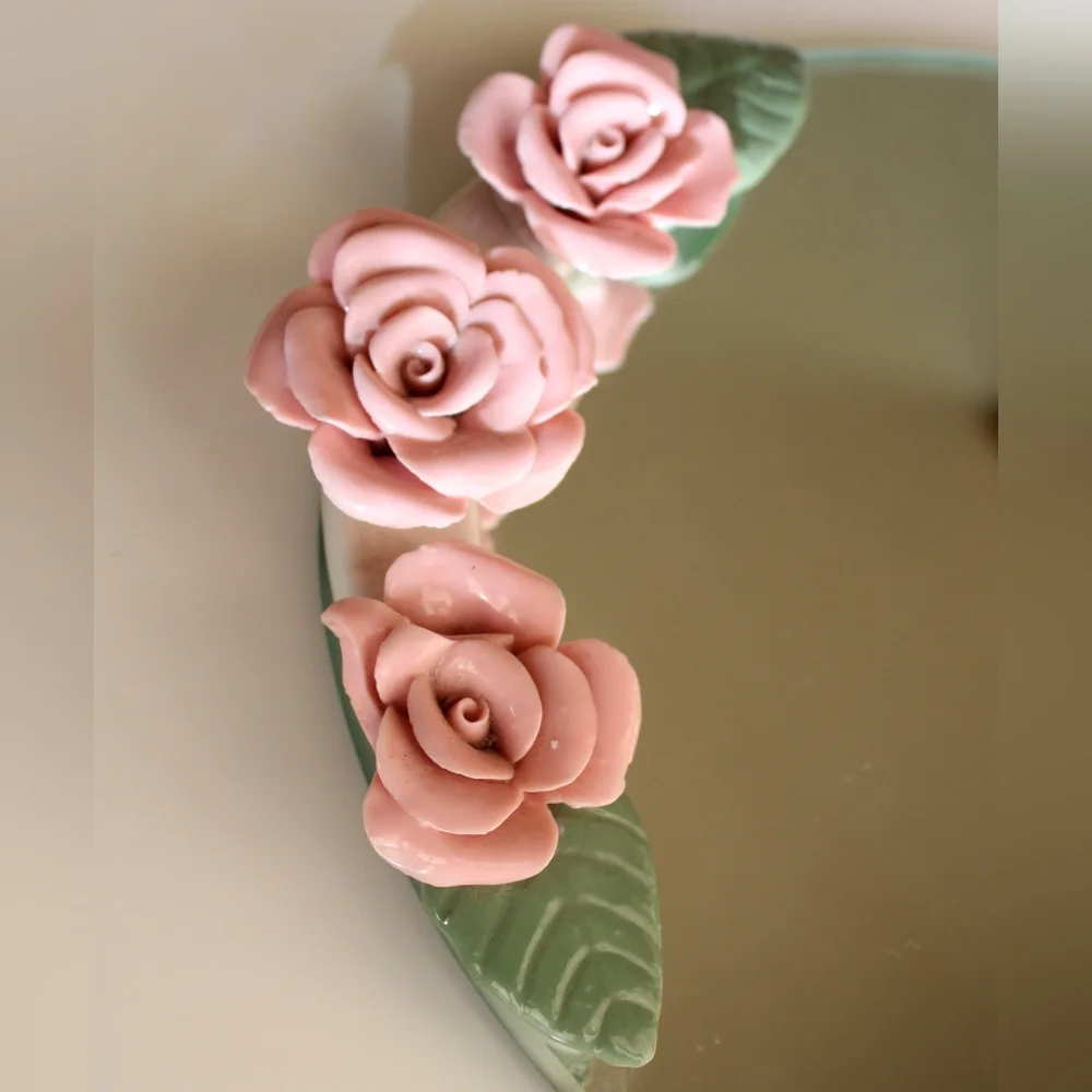 Vintage Pink Rose Decorative Tray with Green Leaves